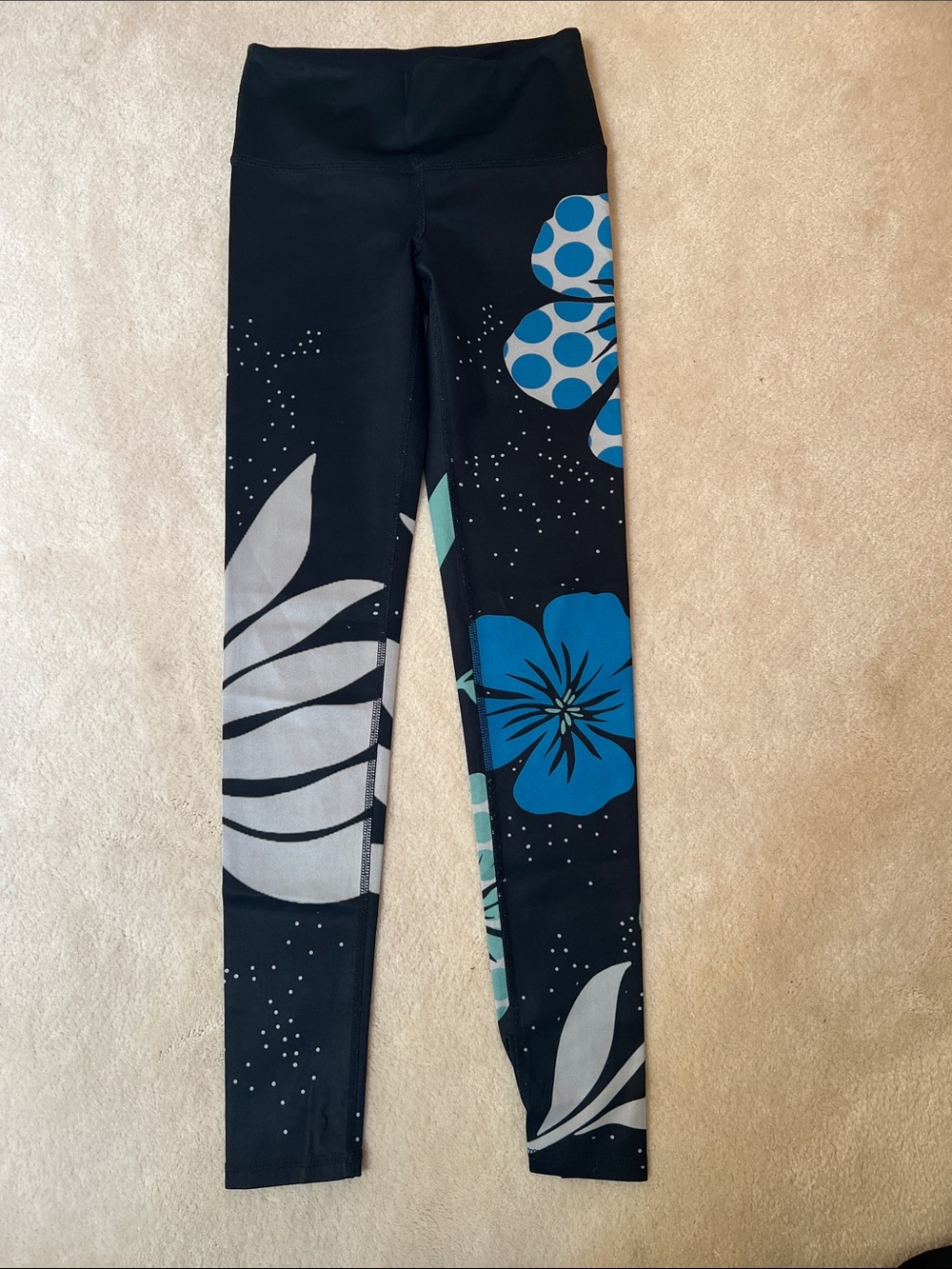 Women's Black Leggings with Blue Floral Print
